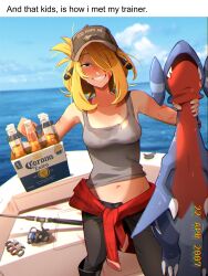 alcohol arceus beer blonde_hair boat cynthia_(pokemon) fishing_rod gabite gen_4_pokemon hat khyle. legendary_pokemon mythical_pokemon nintendo pants pokemon pokemon_(creature) tank_top water watercraft