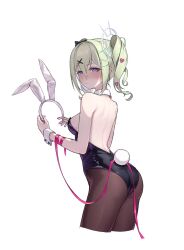 1girl animal_ears ass back bare_back bare_shoulders black_leotard blue_eyes blush breasts brown_pantyhose cropped_legs detached_collar embarrassed fake_animal_ears fake_tail from_behind green_hair hairband highleg highleg_leotard highres holding_hairband leotard long_hair looking_at_viewer looking_back median_furrow nose_blush pantyhose pistacho0101 playboy_bunny rabbit_ears rabbit_tail simple_background small_breasts solo stellive strapless strapless_leotard tail twintails virtual_youtuber white_background wrist_cuffs yuzuha_riko