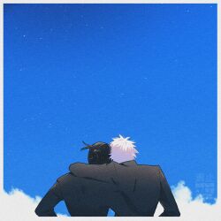 Rule 34 | 2boys, arm around shoulder, black coat, black hair, blue sky, border, cloud, coat, film grain, from behind, getou suguru, gojou satoru, highres, jujutsu kaisen, long sleeves, male focus, mare 8, multiple boys, short hair, sky, upper body, watermark, white border, white hair