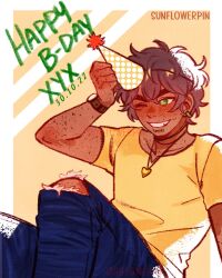 1boy arm_up blooming_panic border brown_hair dark-skinned_male dark_skin denim earrings english_text face_piercing freckles green_eyes green_shirt grin hair_between_eyes happy_birthday hat heart heart_necklace highres holding hoop_earrings jeans jewelry knees_up leaning_to_the_side lip_piercing male_focus messy_hair necklace on_ground one_eye_closed outside_border pants party_hat piercing shirt sitting smile solo sunnyflowerday1 t-shirt torn_clothes torn_jeans torn_pants upper_body watch white_border wristwatch xyx yellow_background