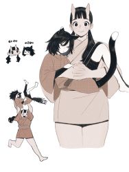 2girls animal_ears black_fur black_hair carrying cat_ears cat_girl cat_tail dungeon_meshi frs2 highres horns inutade izutsumi low_twintails mole mole_under_eye multiple_girls multiple_views oni oni_horns princess_carry tail twintails