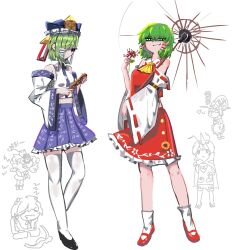 6+girls ascot black_shoes blue_hat blue_sky chibi chibi_inset commentary cosplay english_commentary floral_print flower full_body green-berry green_eyes grin hair_tubes hakurei_reimu hakurei_reimu_(cosplay) hat highres holding holding_umbrella kazami_yuuka kirisame_marisa kochiya_sanae kochiya_sanae_(cosplay) komano_aunn multiple_girls niwatari_kutaka onozuka_komachi red_shoes red_skirt ribbon-trimmed_sleeves ribbon_trim rod_of_remorse shiki_eiki shirt shoes sidelocks simple_background skirt sky smile socks spider_lily standing thighhighs touhou umbrella white_background white_shirt white_socks white_thighhighs wide_sleeves wriggle_nightbug wriggle_nightbug_(cosplay) yellow_ascot