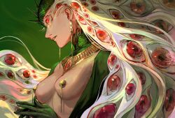 1girl breasts colored_eyelashes dark-skinned_female dark_skin earrings extra_eyes green_background highres jewelry long_hair looking_to_the_side medium_breasts momomo_906 nipple_jewelry original own_hands_together parted_lips red_eyes solo upper_body very_long_hair