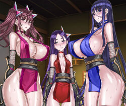 Rule 34 | 3girls, bare shoulders, blue eyes, blue hair, blush, breasts, brown eyes, brown hair, choker, commentary request, covered erect nipples, elbow gloves, embarrassed, fishnets, gloves, honjou raita, indoors, kuramoto erika, large breasts, long hair, looking at viewer, mahou shoujo (raita), multiple girls, ninja, nitta yui, paid reward available, purple eyes, purple hair, revealing clothes, rope, shuriken hair ornament, small breasts, smile, suzuhara misae, sweat, very long hair