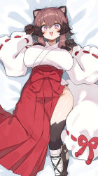 1girl :d animal_ears animal_hands bed_sheet breasts brown_hair commentary_request commission crossed_bangs dakimakura_(medium) detached_sleeves groin hair_between_eyes hakama hakama_skirt hands_up highres japanese_clothes kashu_(hizake) kimono large_breasts long_sleeves looking_at_viewer lying medium_hair on_back open_mouth original pink_eyes red_hakama ribbon-trimmed_sleeves ribbon_trim side_slit skeb_commission skirt sleeveless sleeveless_kimono smile solo tail teeth upper_teeth_only white_kimono white_sleeves wide_hips wide_sleeves