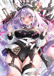 1girl :d absurdres arknights black_leotard black_skirt black_thighhighs blush breasts cameltoe character_name fang garter_straps gluteal_fold hair_between_eyes highleg highleg_leotard highres jacket large_breasts legs_together leotard long_sleeves looking_at_viewer miniskirt o-ring open_clothes open_hand open_jacket open_mouth pink_eyes pleated_skirt purple_hair raised_eyebrows sidelocks silver_choker single_thighhigh skin_tight skirt smile solo star_(symbol) tekona0 thick_thighs thigh_gap thighhighs thighs typhon_(arknights) white_jacket wide-eyed