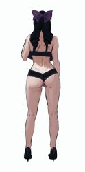 arue_(konosuba) ass back bare_hips black_hair bow breasts high_heels highres huge_ass kono_subarashii_sekai_ni_shukufuku_wo! purple_bow sketch themaker twirling_hair underwear
