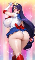 1girl absurdres arm_up ass back bishoujo_senshi_sailor_moon blue_sailor_collar blue_skirt blush boots bow breasts choker circlet commentary cosplay crescent crescent_earrings earrings elbow_gloves english_commentary fate/grand_order fate_(series) gloves highres holding holding_wand huge_breasts jewelry knee_boots long_hair looking_at_viewer looking_back magical_girl microskirt minamoto_no_raikou_(fate) moon_stick_(sailor_moon) panties parted_bangs purple_eyes purple_hair raskasar red_boots sailor_collar sailor_moon sailor_moon_(cosplay) sailor_senshi_uniform shirt short_sleeves skirt solo thick_thighs thighs underwear very_long_hair wand white_gloves white_panties white_shirt wide_hips