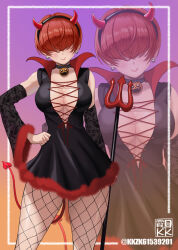 Rule 34 | 1girl, artist name, black choker, black dress, black hairband, black sleeves, breasts, choker, cleavage, closed mouth, cowboy shot, cross-laced clothes, cross-laced top, demon costume, demon horns, demon tail, detached sleeves, dress, earrings, fake horns, fake tail, fishnet pantyhose, fishnets, fur-trimmed dress, fur-trimmed sleeves, fur trim, hair over eyes, hairband, halloween, halloween costume, hand on own hip, heart, heart earrings, highres, holding, holding polearm, holding weapon, horn hairband, horns, jack-o&#039;-lantern, jewelry, kkzk61539201, lace-up top, large breasts, pantyhose, polearm, red hair, red horns, shermie (kof), short dress, short hair, sleeveless, sleeveless dress, smile, solo, tail, the king of fighters, thighs, trident, twitter username, weapon, wide sleeves, zoom layer