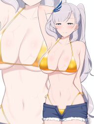 absurdres arm_behind_back arm_behind_head bare_shoulders bikini bikini_under_shorts blue_eyes blue_shorts blush breasts cleavage cowboy_shot denim denim_shorts gold_bikini grey_hair high_ponytail highleg highleg_bikini highres hololive hololive_indonesia large_breasts long_hair navel pavolia_reine ponytail short_shorts shorts side-tie_bikini_bottom solo_focus swimsuit virtual_youtuber yuuta_(yuuta0361) zoom_layer