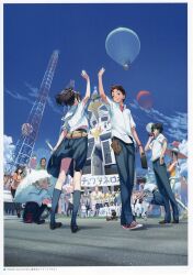 6+boys 6+girls absolutely_everyone absurdres aircraft airi_(robotics;notes) animal animal_on_head back_peek banner bare_shoulders belt belt_pouch bird bird_on_head black_hair black_shoes blonde_hair blue_skirt blue_sky blue_socks bow breast_pocket brown_eyes brown_hair charm_(object) chasing checkered_pouch chest_bow chuo_tanegashima_high_school_uniform clothes_lift cloud cloudy_sky collared_shirt crop_top daitoku_junna dark-skinned_female dark_skin everyone exoskeleton flag flagpole frilled_umbrella frills from_below fujita_tetsuharu fukuda_tomonori gloves gunvarel hidaka_hiromu hidaka_subaru highres holding holding_flag holding_megaphone holding_tablet_pc holding_umbrella holding_wrench holster hot_air_balloon irei_mizuka jacket kimijima_kou kneehighs kneepits koujiro_frau leather leather_jacket loafers long_hair mecha megaphone miniskirt motor_vehicle multiple_boys multiple_girls nagafukada_sumio nakafukada_mitsuhiko non-web_source official_art on_head open_collar open_mouth orange_tank_top pants parrot pleated_skirt pocket pouch radio_tower red_eyes red_hair red_shirt red_shoes ribbon robot robotics;notes running sailor_collar school_uniform senomiya_akiho senomiya_ken&#039;ichiro senomiya_misaki serafuku shirt shirt_lift shoes short_hair short_sleeves single_glove skirt sky sleeveless smile sneakers socks sphinx t-shirt tablet_holster tablet_pc tan tanegashimachine-3 tank_top tarou_(robotics;notes) tennouji_nae toshiyuki_sawada toy_robot truck twintails umbrella usui_kaoruko watch white_background white_gloves white_shirt work_gloves wrench wristwatch yashio_kaito