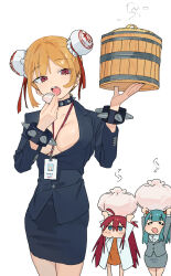 3girls :d aqua_hair bamboo_steamer blazer blonde_hair blue_eyes braid choker closed_eyes food hair_between_eyes highres hipa_(some1else45) horns id_card jacket long_hair multiple_girls nahia_(some1else45) open_mouth original pencil_skirt purple_eyes red_hair sekoshi_(some1else45) short_hair simple_background skirt smile some1else45 spiked_choker spikes steamed_bun teeth twin_braids white_background