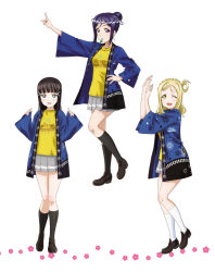 3girls ;d aqua_eyes artbook black_hair black_socks blonde_hair blunt_bangs blush braid clothes_writing crown_braid food full_body grey_skirt hair_bun hair_ornament hair_rings hand_on_own_hip hanten_(clothes) happi highres japanese_clothes kneehighs kurosawa_dia loafers long_hair looking_at_viewer love_live! love_live!_sunshine!! matsuura_kanan miniskirt mole mole_under_mouth mouth_hold multiple_girls non-web_source official_art ohara_mari one_eye_closed open_mouth pleated_skirt ponytail purple_eyes purple_hair school_uniform shirt shoes simple_background single_hair_bun skirt smile socks standing white_background white_socks yellow_eyes yellow_shirt