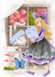 1girl apron black_apron blonde_hair book bug butterfly chiori_n colored_pencil_(medium) commentary_request crystal dress full_body hat highres insect long_hair looking_at_viewer mushroom original purple_dress red_eyes shelf smile solo traditional_media witch witch_hat