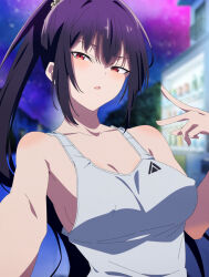 1girl absurdres anime_screenshot blurry blurry_background breasts collarbone covered_erect_nipples female_focus haite_kudasai_takamine-san highres large_breasts long_hair looking_at_viewer no_bra outdoors parted_lips ponytail purple_hair reaching reaching_towards_viewer red_eyes shirt sidelocks sleeveless sleeveless_shirt solo stitched takamine_takane tank_top third-party_edit upper_body v very_long_hair white_shirt