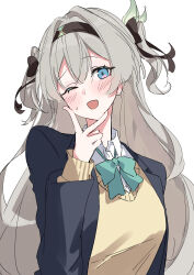 1girl absurdres black_hairband black_ribbon blue_coat blush brown_sweater coat collared_shirt comorebi firefly_(honkai:_star_rail) green_neckerchief grey_hair hair_between_eyes hair_intakes hair_ornament hair_ribbon hairband highres honkai:_star_rail honkai_(series) long_sleeves low_twintails multicolored_eyes neckerchief one_eye_closed open_clothes open_coat open_mouth ribbon shirt sweatdrop sweater twintails v v_over_head white_shirt