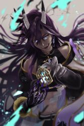 Rule 34 | 1boy, absurdres, alternate costume, banzoin hakka, birdcage, bishounen, black claws, blue eyes, cage, claws, earrings, embers, evil smile, fangs, glowing, glowing eye, hair between eyes, highres, hololive, holostars, holostars english, horns, incredibly absurdres, jewelry, layered clothes, light particles, long hair, male focus, non-web source, open mouth, purple hair, smile, virtual youtuber, white background