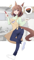 1girl animal_ears blue_pants bowl breasts brown_hair clothing_cutout denim ear_ornament foot_up full_body hair_ornament hairclip highres holding holding_bowl holding_ladle horse_ears horse_girl horse_tail jeans kitchen ladle light_hello_(umamusume) looking_at_viewer medium_breasts miso_soup nel-c open_mouth pants red_eyes short_hair smile socks solo spoken_food standing standing_on_one_leg tail tail_through_clothes umamusume white_socks