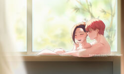1boy 1girl bathtub black_hair blurry blurry_background blurry_foreground boku_no_hero_academia burn_scar chocorut commentary completely_nude english_commentary hair_pulled_back hand_up highres indoors laughing lying mixed-sex_bathing nude patreon_username ponytail red_hair scar scar_on_face shared_bathing smile teeth todoroki_shouto upper_teeth_only yaoyorozu_momo