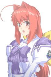 1girl :d ahoge bow bowtie commentary_request hair_bow hair_intakes juliet_sleeves kagami_sumika long_hair long_sleeves looking_at_viewer low_ponytail muv-luv open_mouth otoo_(izanagi) ponytail puffy_sleeves purple_bow purple_bowtie red_eyes red_hair school_uniform serafuku shiny_clothes sidelocks sideways_glance simple_background smile solo to-gnaniwa upper_body white_background yellow_bow