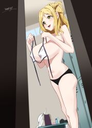 1girl absurdres ass bikini black_bikini blonde_hair blurry blurry_background breasts commentary_request covered_erect_nipples doorway highres large_breasts locker locker_room long_hair love_live! love_live!_sunshine!! navel ohara_mari open_mouth sidelocks smile solo standing swimsuit tarakon white_bikini yellow_eyes