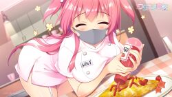 1girl 2021 ^_^ bent_over blurry blurry_background blush bottle breast_press breasts buttons cafe character_name cherry_tomato closed_eyes closed_mouth copyright_name cosplay cowboy_shot dated double-breasted dress dutch_angle facing_viewer food futamata_ren&#039;ai game_cg garter_straps hair_between_eyes hair_spread_out heart highres holding holding_bottle indoors insult ketchup_bottle large_breasts long_hair mask mikoshiba_rui mouth_mask nurse official_art omelet omurice pill_hair_ornament pink_hair promotional_art short_dress short_sleeves side_slit sidelocks solo straight_hair tomato translated two_side_up very_long_hair white_dress yuunagi_seshina