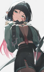 1girl animal_ears between_breasts black_gloves black_hair black_shorts blue_eyes blurry breasts crop_top depth_of_field gloves highres jane_doe_(zenless_zone_zero) large_breasts long_hair looking_at_viewer midriff mouse_ears mouse_girl mouse_tail necktie necktie_between_breasts pantyhose partially_fingerless_gloves red_nails red_necktie reulem short_shorts shorts solo tail very_long_hair zenless_zone_zero