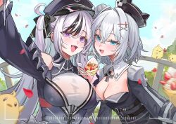 2girls :d absurdres ariko_(aaaaarik) azur_lane black_gloves black_hat black_ribbon blue_eyes blue_sky blush breasts cleavage commentary crepe cross elbe_(azur_lane) english_commentary fang food fruit gloves grey_hair hair_bun hair_ornament hair_ribbon hat highres holding holding_crepe holding_food iron_cross jade_(azur_lane) long_sleeves looking_at_viewer manjuu_(azur_lane) mole mole_under_eye multicolored_eyes multicolored_hair multiple_girls open_mouth outdoors peaked_cap purple_eyes ribbon selfie siblings single_side_bun sisters skin_fang sky smile strawberry streaked_hair twintails two-tone_eyes viewfinder x_hair_ornament