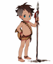 1boy anklet blue_eyes child highres holding holding_polearm holding_spear holding_weapon jewelry male_focus nemui_(nemuriyagi) nipples original polearm simple_background smile solo spear standing topless_male tribal undercut weapon white_background