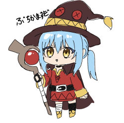 Rule 34 | 1girl, bandaged leg, bandages, belt, black belt, black thighhighs, blue hair, boots, brown cape, brown hair, cape, chibi, chibi only, chocoeiru, commentary request, cosplay, doodles, dress, full body, hair between eyes, hat, holding, holding staff, kono subarashii sekai ni shukufuku wo!, long sleeves, mage staff, megumin, megumin (cosplay), open mouth, ponytail, red dress, rimuru tempest, short hair, sidelocks, simple background, single thighhigh, smile, solo, staff, tensei shitara slime datta ken, thighhighs, translation request, white background, witch hat, yellow boots, yellow eyes