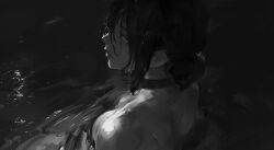 1girl black_choker breasts chainsaw_man choker daodtt hair_between_eyes hair_bun highres looking_at_viewer monochrome nude pool reze_(chainsaw_man) single_hair_bun skinny_dipping solo water wet wet_hair