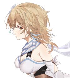 1girl :t bare_shoulders blonde_hair breasts cleavage commentary_request detached_sleeves from_side genshin_impact highres hotaboshi_yazuki lumine_(genshin_impact) medium_breasts medium_hair profile solo upper_body white_background yaduki100 yellow_eyes