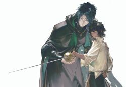 Rule 34 | 2boys, aged down, arknights, aulus (arknights), black hair, black robe, closed eyes, dark-skinned male, dark skin, fencing, glasses, gradient hair, highres, jewelry, male focus, multicolored hair, multiple boys, necklace, ponytail, practicing, priest, robe, shirt, short hair, short ponytail, simple background, skolly, sword, teacher and student, thorns (arknights), very dark skin, weapon, white background, white shirt, yellow eyes