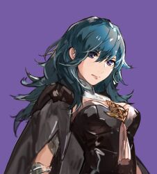 1girl bad_id bad_twitter_id blue_eyes blue_hair breasts closed_mouth coat female_byleth_(fire_emblem) female_focus fire_emblem fire_emblem:_three_houses hair_between_eyes highres jacket jacket_on_shoulders long_hair looking_at_viewer nintendo purple_background shoulder_pads solo