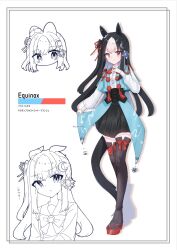 animal_ears breasts character_name commentary_request crescent crescent_hair_ornament equinox_(racehorse) full_body geta hair_ornament highres horse_ears horse_tail long_hair medium_breasts multicolored_hair original pout red_eyes sandals sarami_0422 school_uniform smile standing tail thighhighs tracen_school_uniform two-tone_hair umamusume white_background