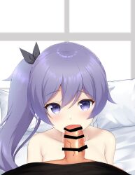 Rule 34 | 1boy, 1girl, argentum 2o, bar censor, bare shoulders, blush, censored, dress, fellatio, hair ribbon, hetero, highres, indoors, long hair, looking at viewer, ongeki, oral, penis, pillow, pov, purple eyes, ribbon, shirt, side ponytail, solo focus, striped background, striped clothes, striped dress, striped shirt, takase rio, vertical-striped clothes, vertical-striped dress, vertical-striped shirt, window blinds