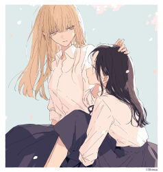Rule 34 | 2girls, absurdres, black hair, blonde hair, falling petals, hand on another&#039;s head, highres, kakmxxxny06, kono koi wo hoshi ni wa negawanai, kousaka fuyuki, kurokawa kisaki, long hair, looking at another, multiple girls, petals, sitting, skirt