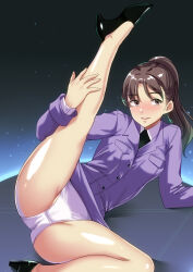 Rule 34 | 1girl, blush, breasts, brown hair, commission, foot out of frame, high heels, highres, legs, long hair, looking at viewer, lying, mei ling, metal gear (series), metal gear solid, military uniform, necktie, panties, ponytail, skeb commission, skirt, smile, solo, tirasi (so), underwear, white panties