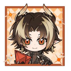 1boy argyle_background arknights blonde_hair border brown_hair chinese_commentary chongyue_(arknights) closed_mouth commentary_request dot_nose earrings hair_intakes holding horns jewelry looking_at_viewer male_focus multicolored_hair orange_eyes outside_border pointy_ears short_hair smile solo sparkle split_mouth streaked_hair white_border xuan_xu_x