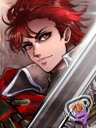 1boy cape closed_mouth diamant_(fire_emblem) fire_emblem fire_emblem_engage highres holding holding_sword holding_weapon looking_at_viewer male_focus nintendo portrait red_cape red_eyes red_hair sword weapon zantetsukennn