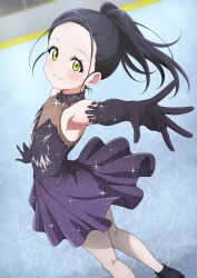 1girl absurdres black_dress black_gloves black_hair closed_mouth commentary_request dress elbow_gloves figure_skating_dress gloves highres kamisaki_hikaru kijitorab medalist_(manga) outstretched_arm pantyhose ponytail skating_rink smile solo white_pantyhose yellow_eyes