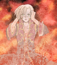 1boy asymmetrical_bangs blonde_hair blood blood_splatter blush brown_coat brown_pants burn_scar coat commentary_request cowboy_shot dated_commentary embers fire gold_trim green_eyes hair_between_eyes hands_on_own_head long_sleeves looking_at_viewer male_focus multicolored_coat nose_blush open_clothes open_coat open_mouth pants priest_(ragnarok_online) ragnarok_online red_coat scar scar_on_stomach sharari short_hair solo tearing_up two-tone_coat