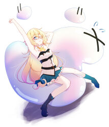 1girl aizawa_azusa ankle_boots armpits belt blonde_hair blue_boots blue_skirt boots braid breasts capuchi_(111cappuccino) closed_mouth dress eyebrows_hidden_by_hair frilled_skirt frills full_body glasses hair_between_eyes highres long_hair one_eye_closed rectangular_eyewear shadow simple_background skirt slime_(creature) slime_(substance) slime_taoshite_300_nen_shiranai_uchi_ni_level_max_ni_nattemashita small_breasts smile solo strapless strapless_dress stretching very_long_hair white_background white_dress