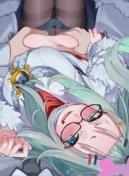 1boy 1girl aqua_hair artist_glove belly_grab blue_archive blue_eyes blush breasts coat collared_shirt commentary_request eye_contact forehead fur-trimmed_coat fur_trim glasses grabbing_another&#039;s_stomach hair_ornament highres looking_at_another lying mask medium_breasts meru_(blue_archive) necktie oekaki_nyagama on_back panties panties_under_pantyhose pantyhose plump pov pov_hands shirt solo_focus sweat sweatdrop sweater thighband_pantyhose turtle turtleneck underwear weight_conscious