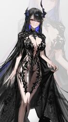 1girl absurdres alternate_costume asymmetrical_horns black_cloak black_dress black_hair blue_hair breasts chronopattern_dress cloak colored_inner_hair demon_horns dress highres hololive hololive_english horns large_breasts long_hair looking_at_viewer multicolored_hair nerissa_ravencroft red_eyes solo thekaiyip very_long_hair virtual_youtuber zoom_layer
