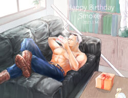 Rule 34 | 1boy, abs, beard stubble, blue pants, boots, box, brown boots, commentary request, crossed arms, dated, den den mushi, eyewear on head, facial hair, gift, gift box, happy birthday, jitte, lying, male focus, one piece, pants, shina (ooo417ooo), smile, smoker (one piece), stitched face, stitches, stubble, topless male, undercut, weapon