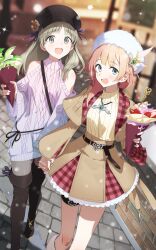 Rule 34 | 2girls, :d, atelier (series), atelier resleriana, atelier rorona, atelier totori, belt, black belt, black footwear, black hat, blonde hair, blue eyes, blue ribbon, blurry, blurry background, blush, boots, brown skirt, newsboy cap, clothing cutout, crepe, food, fur hat, hat, highres, holding, holding crepe, holding food, holding hands, interlocked fingers, jewelry, knee boots, long hair, long sleeves, looking at viewer, multiple girls, necklace, official alternate costume, official art, open mouth, outdoors, purple sweater, ribbed sweater, ribbon, rorolina frixell, rorolina frixell (fallen white), second-party source, shoulder cutout, skirt, smile, snow, snowing, standing, sweater, totooria helmold, totooria helmold (snow adventurer), walking, white hat, winter clothes