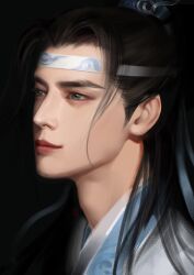 1boy asian black_background black_hair chinese_clothes chinese_commentary closed_mouth commentary_request grey_eyes hair_bun hair_ornament hanfu happy headband highres lan_xichen lips long_hair looking_ahead male_focus modao_zushi nostrils realistic red_lips sidelocks simple_background single_hair_bun smile solo thick_eyebrows topknot upper_body very_long_hair white_hanfu white_headband ye_dian_pikaqiu