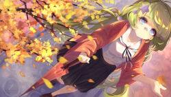 1girl absurdly_long_hair animal_print antenna_hair autumn autumn_leaves bandage_on_nose bare_legs black_skirt blue_eyes blurry branch breasts brown_shoes cat_print closed_mouth clothing_request crop_top day depth_of_field dutch_angle falling_leaves full_body green_hair hair_ornament hairband highres holding holding_umbrella japanese_clothes leaf leenarieart long_hair long_sleeves looking_at_viewer maple_leaf medium_breasts mocha_(osu!) note open_clothes osu! outdoors red_umbrella ripples shoes skirt solo standing star-shaped_pupils star_(symbol) star_hair_ornament symbol-shaped_pupils tic-tac-toe tree twintails umbrella very_long_hair water watermark white_hairband wide_sleeves