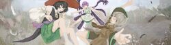 3others androgynous arms_up ascot bare_arms bare_legs bare_shoulders black_coat black_eyes black_hair black_shorts black_sleeves blue_sky brown_ascot brown_coat chest_sarashi child closed_mouth coat collared_coat collared_shirt commentary day detached_sleeves dress energy_wings enraku_tsubakura expressionless feathers feet_out_of_frame full_body grass green_hakama grey_eyes grey_hair hair_between_eyes hakama hakama_short_skirt hakama_skirt hand_in_own_hair happy hashtag-only_commentary hat highres houlen_yabusame japanese_clothes kanghan_kang_yanjian large_hat layered_sleeves legs_apart len&#039;en light_frown long_sleeves lower_teeth_only multiple_others neck_ribbon open_mouth other_focus outdoors outline outstretched_arms path pink_eyes pink_hair pink_outline puffy_short_sleeves puffy_sleeves purple_sash purple_wings red_hat red_ribbon ribbon road sarashi sash shion_(len&#039;en) shirt short_dress short_hair_with_long_locks short_over_long_sleeves short_sleeves shorts sidelocks skirt sky sleeveless sleeveless_coat sleeveless_dress sleeveless_shirt smile socks teeth top_hat tree triangular_headpiece waist_sash white_dress white_shirt white_sleeves white_socks wide_sleeves wings